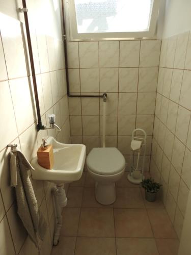 uma casa de banho com um WC e um lavatório em Akali studio apartments em Balatonakali