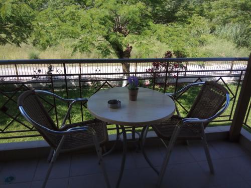 a table and two chairs on a balcony with a table at Zisis Garden Studios in Ioannina