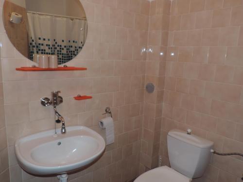 a bathroom with a sink and a toilet and a mirror at Hotel Club in Vranovská Ves