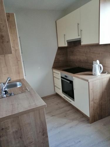 a kitchen with a sink and a stove top oven at Campingblick-Gästehaus-Ferienwohnungen in Podersdorf am See