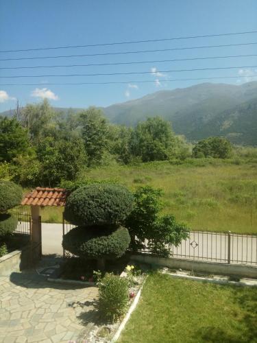 a garden with a gazebo with a view of a mountain at Zisis Garden Studios in Ioannina