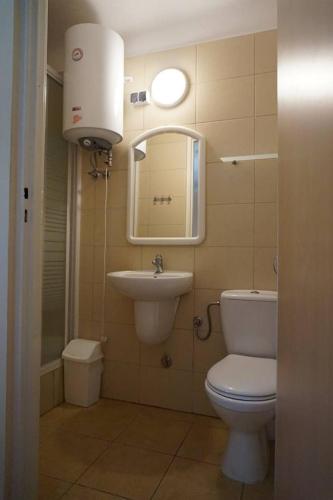 a bathroom with a toilet and a sink and a mirror at Firlej Plaża in Firlej