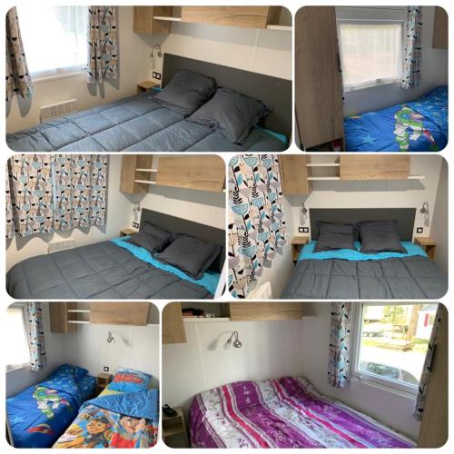 un collage de quatre photos d'une chambre dans l'établissement Mobil-home Contis plage - Landes, à Saint-Julien-en-Born