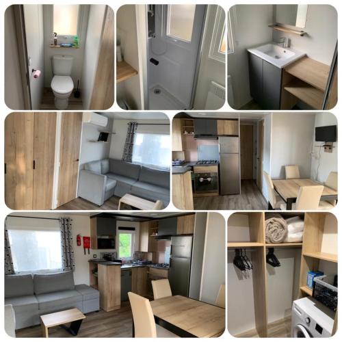 un collage de photos d'une cuisine et d'un salon dans l'établissement Mobil-home Contis plage - Landes, à Saint-Julien-en-Born