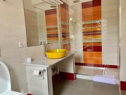 een badkamer met een gele wastafel en een spiegel bij La Panoramica in San Benedetto del Tronto
