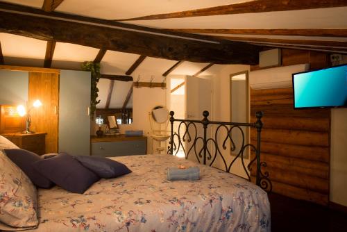 a bedroom with a bed with a tv on the wall at La Casa del Comandante in Sulzano