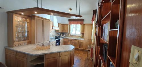 a large kitchen with wooden cabinets and a counter top at Villa Niki in Masouri