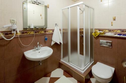 y baño con ducha, aseo y lavamanos. en Hotel Osjann, en Biała Podlaska