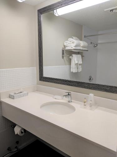 a bathroom with a sink and a large mirror at Lakefront Terrace Resort in Lake George
