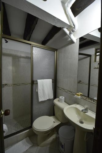a bathroom with a toilet and a sink and a shower at Hospederia La Fuente in Villa de Leyva