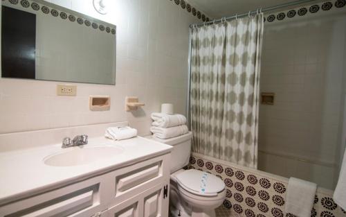 a bathroom with a sink and a toilet and a shower at Hotel Suites Malena in Ensenada