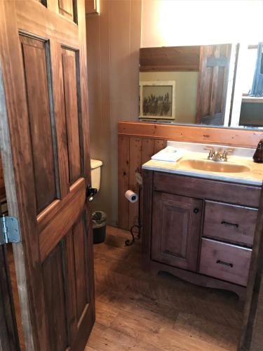 a bathroom with a sink and a mirror at Drift Lodge in Island Park
