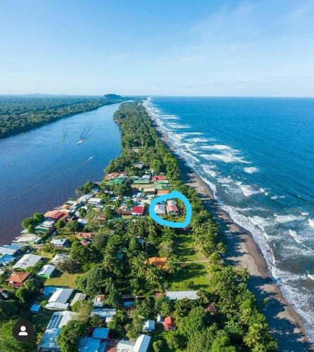 an aerial view of a beach next to the water at Tortuguero Adventures Beach House in Tortuguero