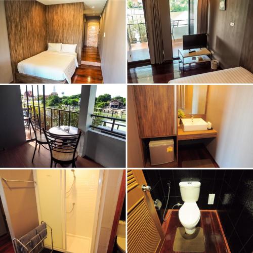 a collage of four pictures of a hotel room at Baan Keang Chon Ayutthaya บ้านเคียงชล อยุธยา in Phra Nakhon Si Ayutthaya