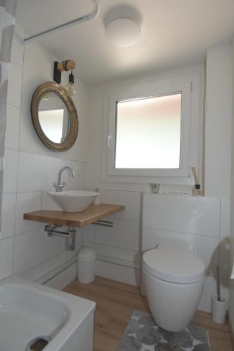een badkamer met een wastafel, een toilet en een spiegel bij Haus Wiedersehen, Mischabel (2-Zi) in Saas-Grund