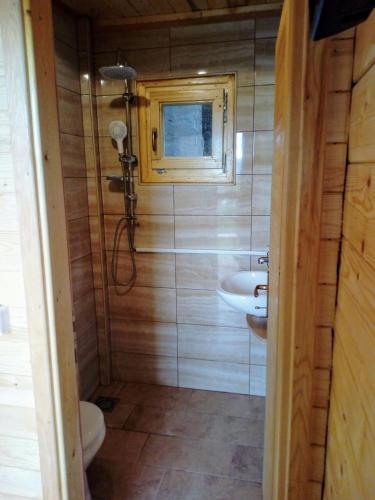 a bathroom with a toilet and a sink at Timber House in Tivat