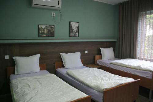 two beds in a room with blue walls at Guest House Via in Bitola