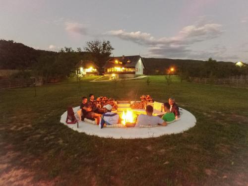 a group of people sitting around a fire pit at Satul Banului Guesthouse in Măgureni