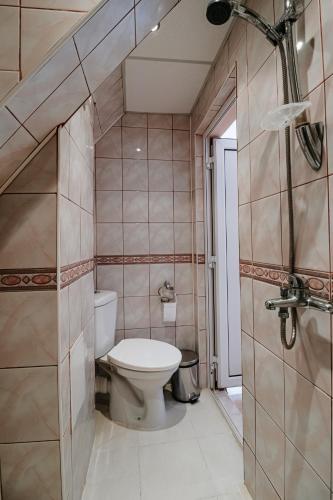 a bathroom with a toilet and a shower at Red Iguana Hotel in Sveti Vlas