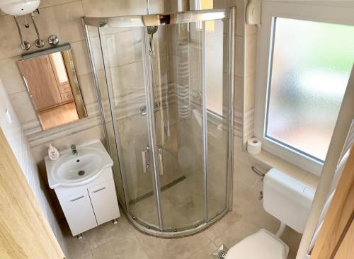 La salle de bains est pourvue d'une douche, de toilettes et d'un lavabo. dans l'établissement Apartment ANGELINA, à Trebinje