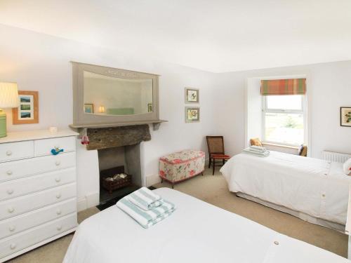 a bedroom with two beds and a fireplace at Big House in Llandecwyn