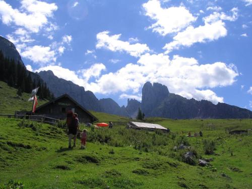 a group of people standing in a field with mountains at Apartmenthaus Oberlehen in Abtenau