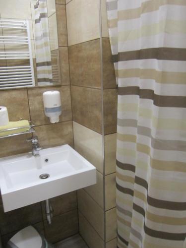 a bathroom with a sink and a shower at Fehér Hajó Panzió és Vendéglő in Győr
