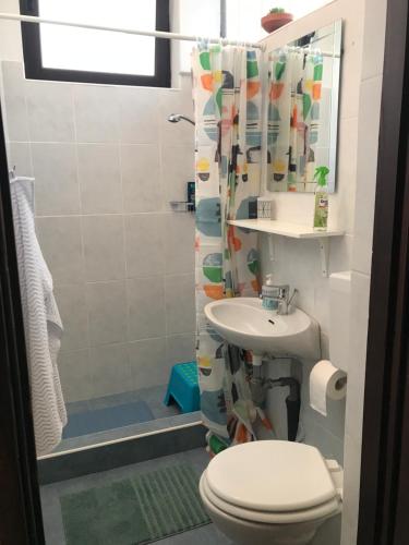 uma casa de banho com um WC, um lavatório e um chuveiro em Studio apartment Milla em Rijeka
