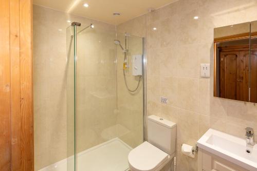 a bathroom with a shower and a toilet and a sink at Church Farm Lodge in Harrington