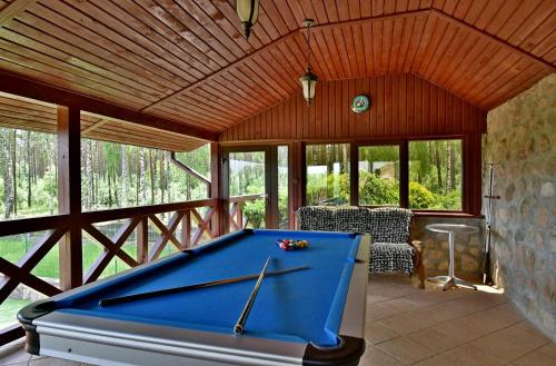 a room with a pool table in a room withwindows at Domek nad stawem in Działdowo