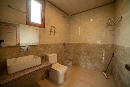 a bathroom with a toilet and a sink and a mirror at Alt Life - Manali in Manāli