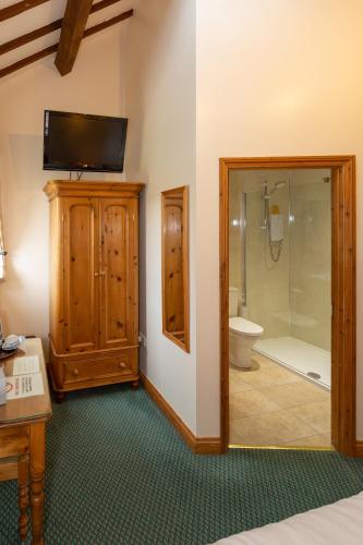 a bathroom with a shower and a toilet and a television at Church Farm Lodge in Harrington