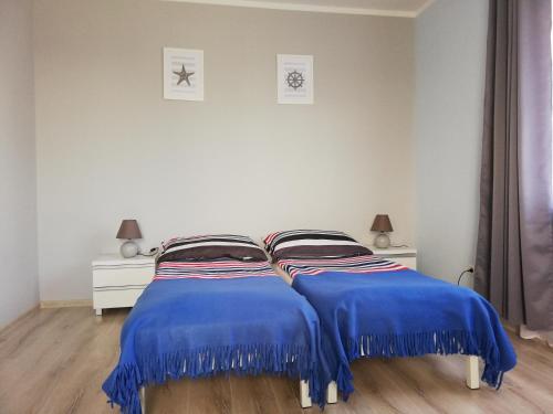 Słoneczne Uroczysko في مينزفوجة: سريرين مع وسائد زرقاء في غرفة النوم