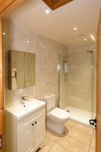 a bathroom with a sink and a toilet and a shower at Church Farm Lodge in Harrington