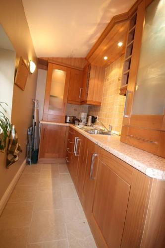 a small kitchen with wooden cabinets and a sink at Grockle Nook Holiday Apartment in Brixham