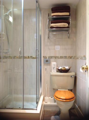 a bathroom with a shower and a toilet with a wooden seat at Grockle Nook Holiday Apartment in Brixham