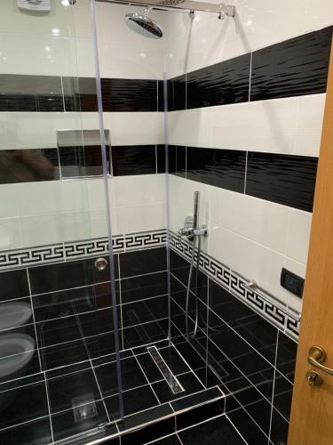 een badkamer met een douche met zwarte en witte tegels bij EKA Luxury Two-Bedroom Premium Penthouse in Durrës