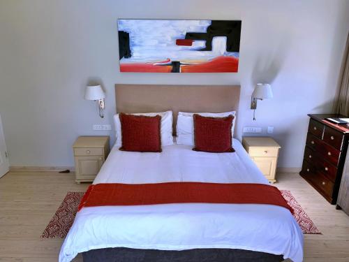 a bedroom with a large bed with red pillows at Vine Guesthouse in Stellenbosch