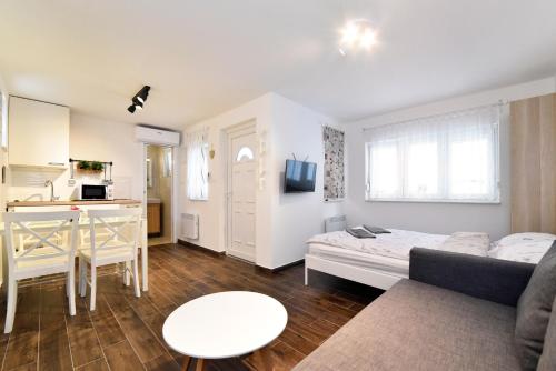 a living room with a bed and a kitchen at Hostel Temza in Zagreb