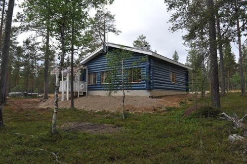 a blue house in the middle of a forest at Auroracabin Chalets in Saariselka