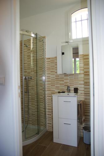 La salle de bains est pourvue d'une douche, d'un lavabo et d'un comptoir. dans l'établissement Les Coronilles, à Saint-Maximin-la-Sainte-Baume