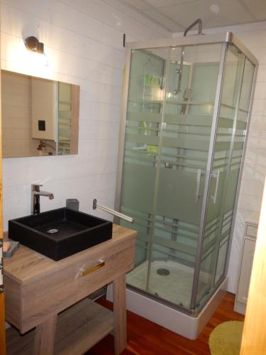 a bathroom with a glass shower with a black sink at PRA BIQUET in Les Thuiles