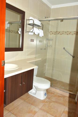 a bathroom with a toilet and a glass shower at Alejandrina Hotel in Cuenca