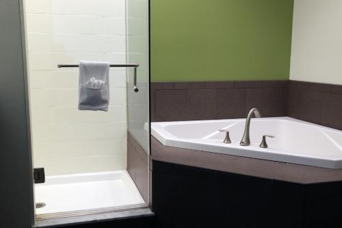 een badkamer met een bad, een wastafel en een douche bij Sleep Inn & Suites Belmont - St. Clairsville in Belmont