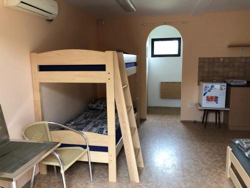 a bunk bed in a room with a table and chairs at U Seckých in Rakvice