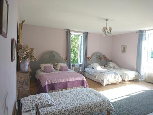 a bedroom with two beds and a mirror at Le Manoir aux Douves in Bazoges-en-Paillers