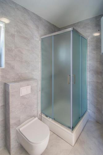 a bathroom with a toilet and a glass shower at Villa Nikola - pool side apartments in Bol