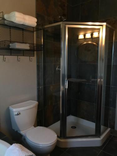 a bathroom with a toilet and a shower stall at Wesbert Winery & Guest Suites in Penticton