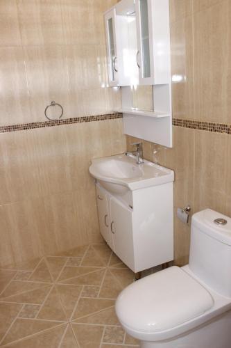 Un baño con un inodoro blanco y un lavabo. en hostal iquisa, en San Pedro de Atacama