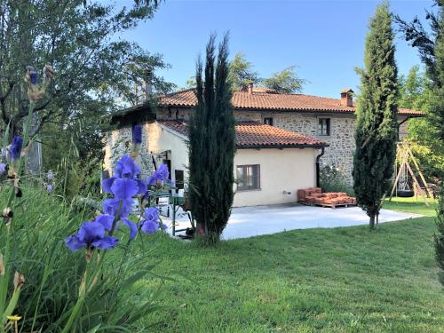 une maison avec une cour ornée de fleurs violettes dans l'établissement Podere Badia Valdrago Agriturismo Mugello Circuit, à Scarperia